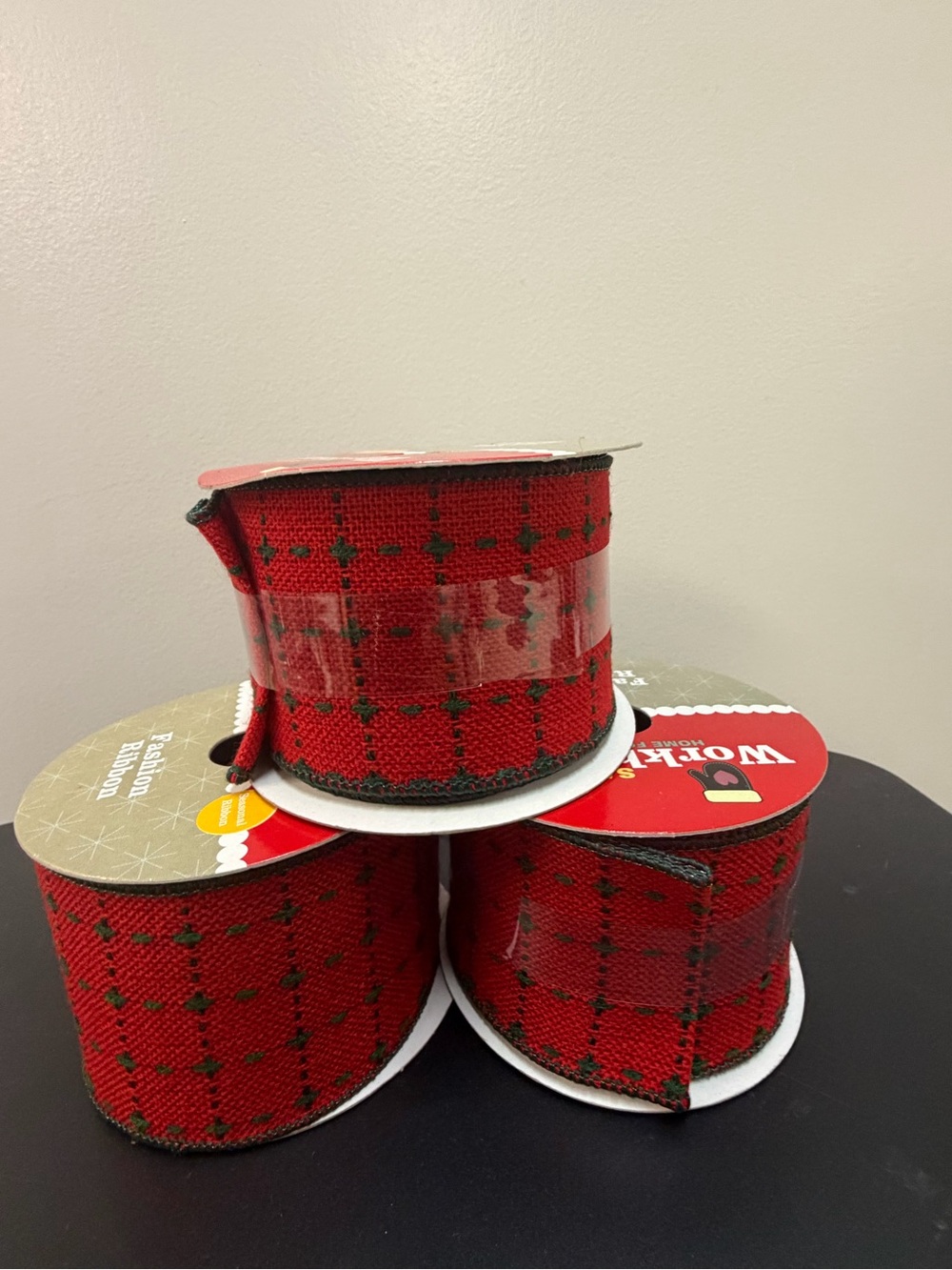Wide Christmas plaid ribbon rolls, three pieces